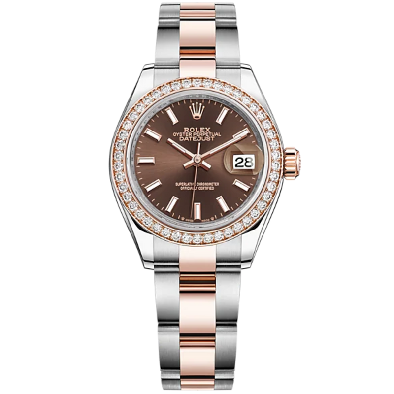 Lady-DateJust 28mm Oyster Oystersteel Bracelet and Everose Gold with Chocolate Dial Diamond-Set Bezel - Rolex