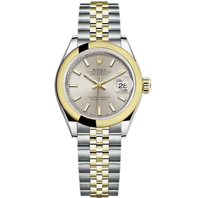 Lady-DateJust 28mm Oystersteel Jubilee Bracelet and Yellow Gold with Silver Dial Domed Bezel - Rolex
