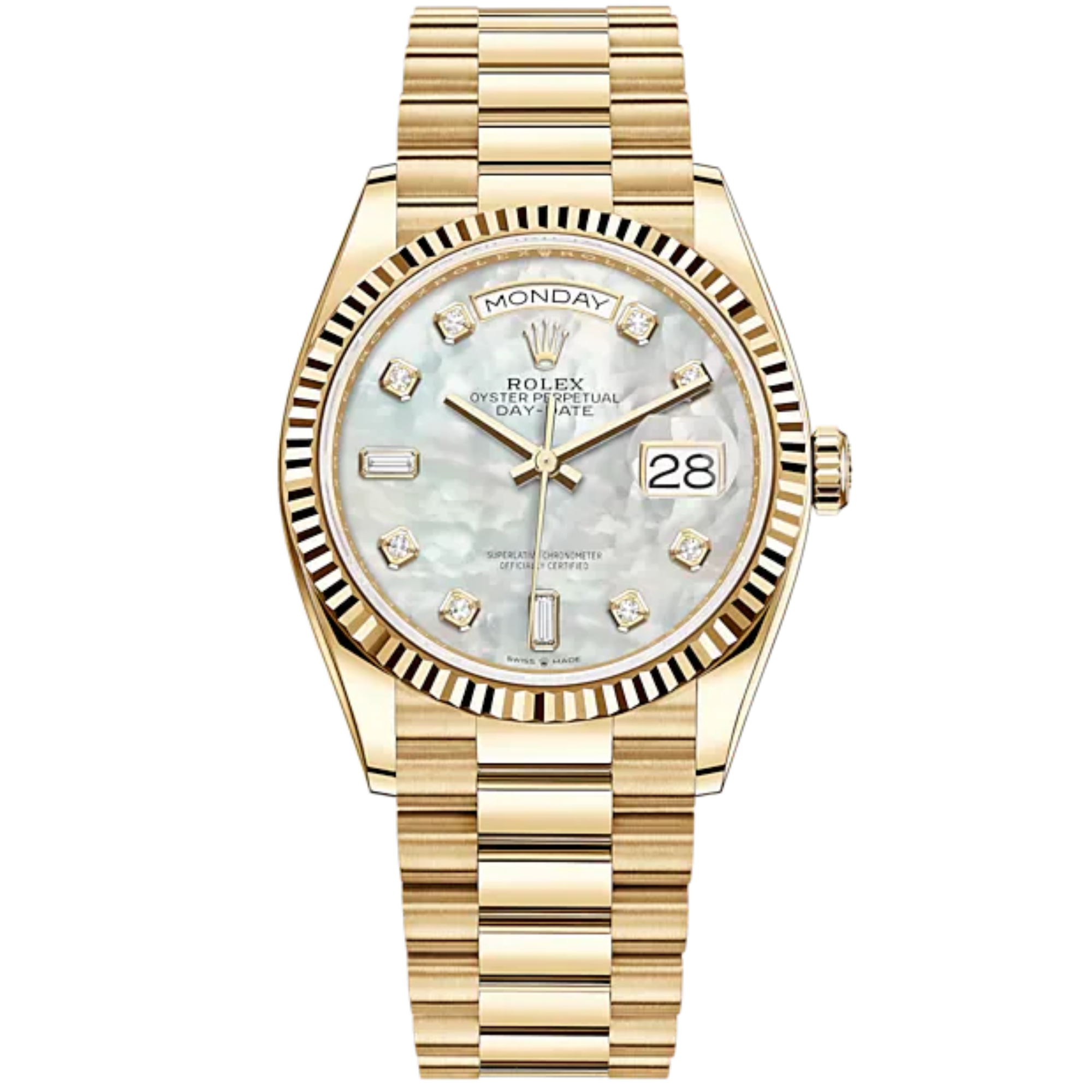 Day-Date 36 36mm President Bracelet and 18 KT Yellow Gold with White Mother-of-Pearl Dial Diamond-Set Dial Fluted Bezel - Rolex
