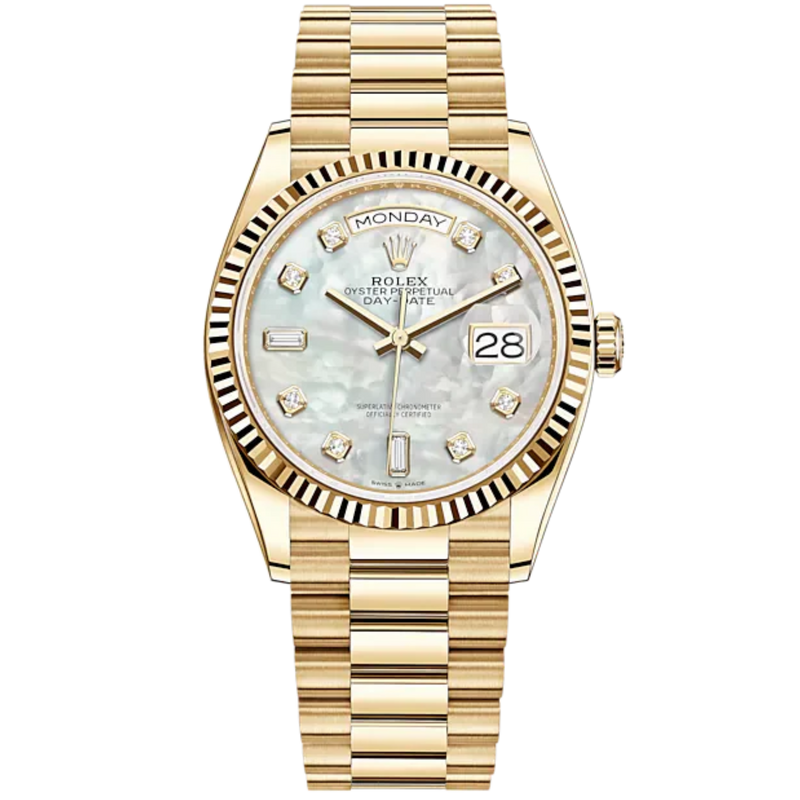 Day-Date 36 36mm President Bracelet and 18 KT Yellow Gold with White Mother-of-Pearl Dial Diamond-Set Dial Fluted Bezel - Rolex