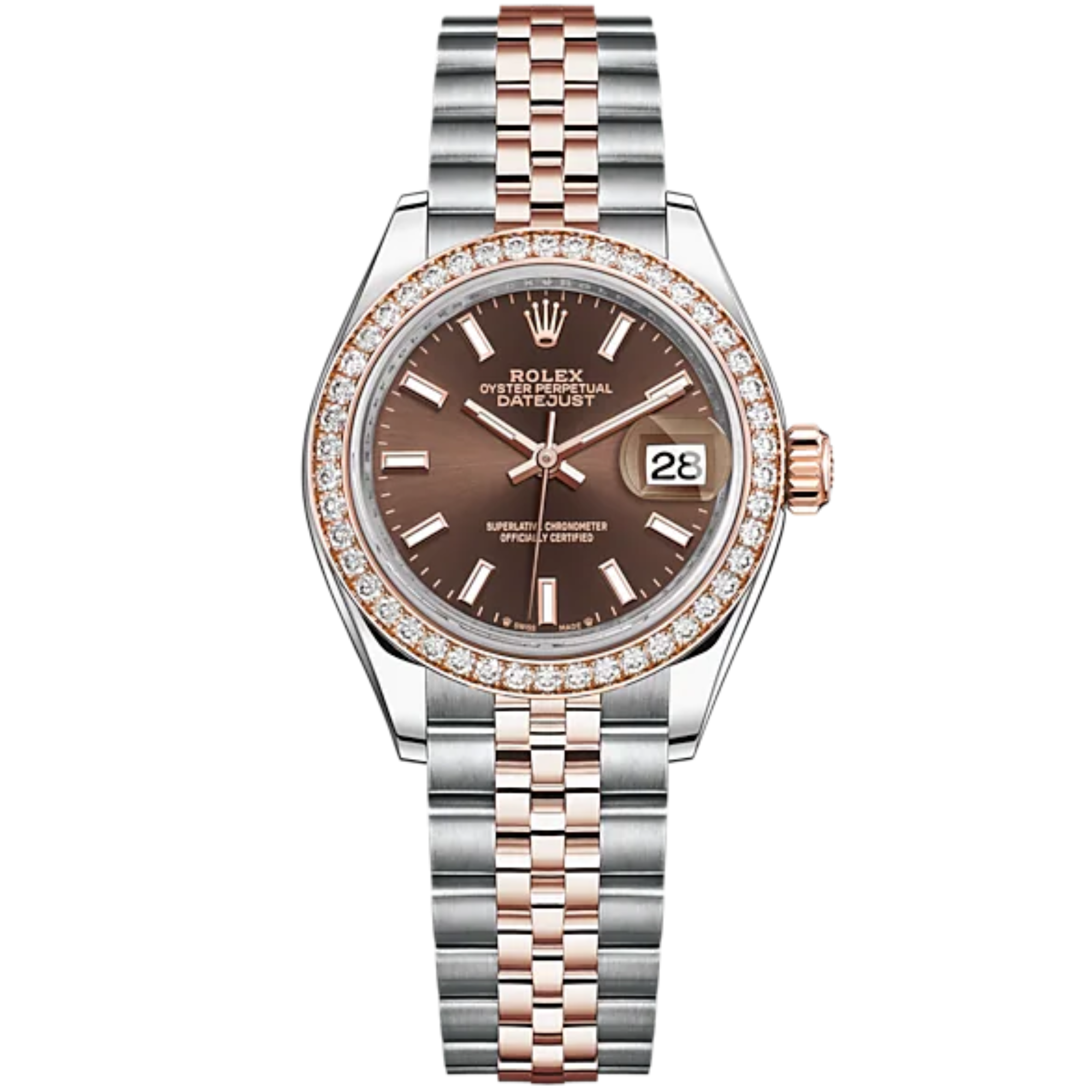 Lady-DateJust 28mm Oystersteel Jubilee Bracelet and Everose Gold with Chocolate Dial and Diamond-Set Bezel - Rolex