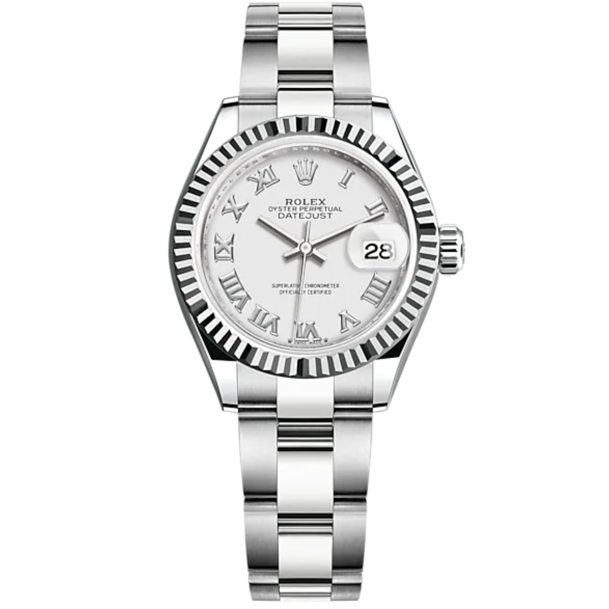 Lady-DateJust 28mm Oyster Oystersteel Bracelet and White Gold with White Dial and Fluted Bezel - Rolex