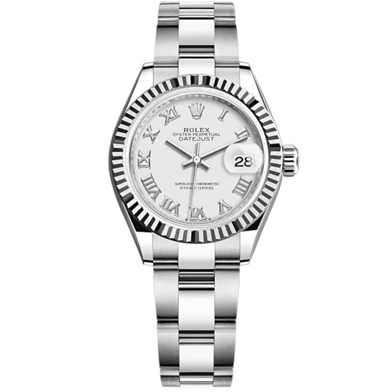 Lady-DateJust 28mm Oyster Oystersteel Bracelet and White Gold with White Dial and Fluted Bezel - Rolex