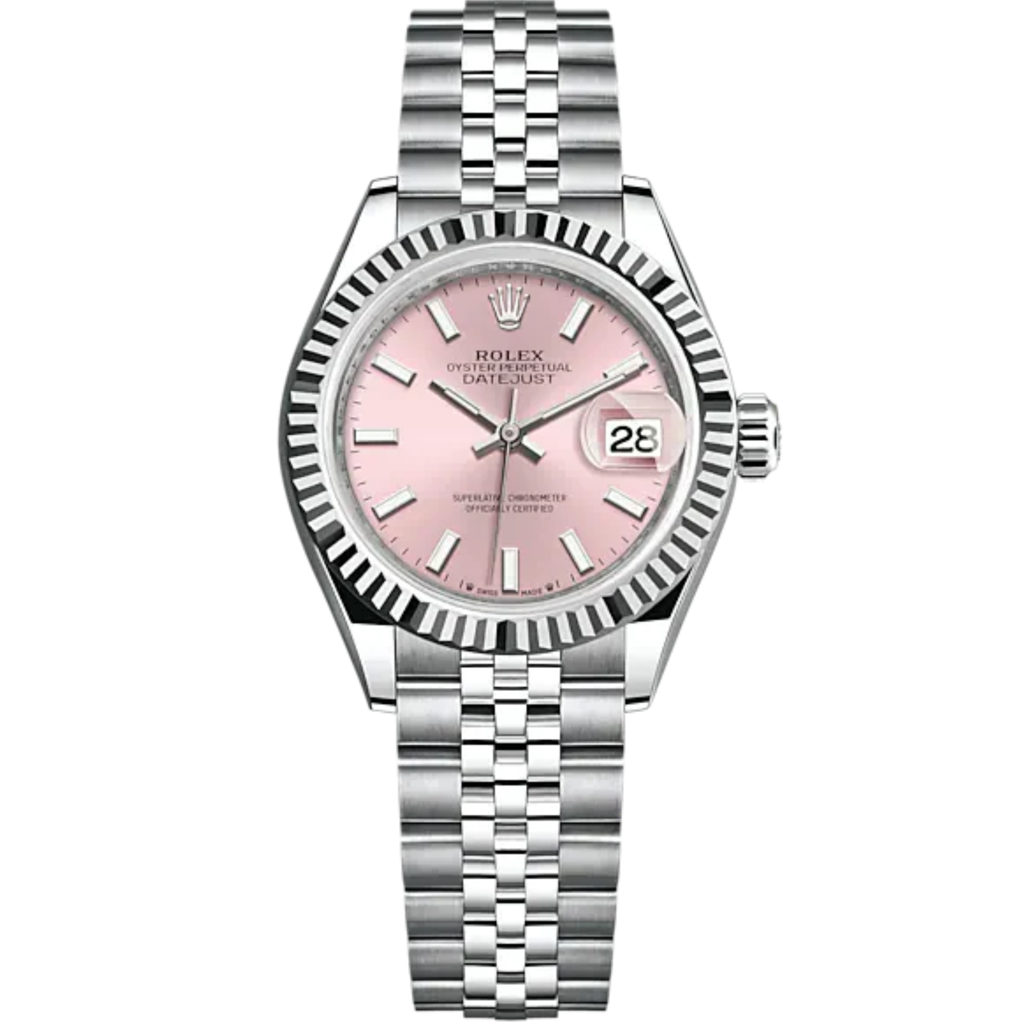 Lady-DateJust 28mm Oystersteel Jubilee Bracelet and White Gold with Pink Dial and Fluted Bezel - Rolex