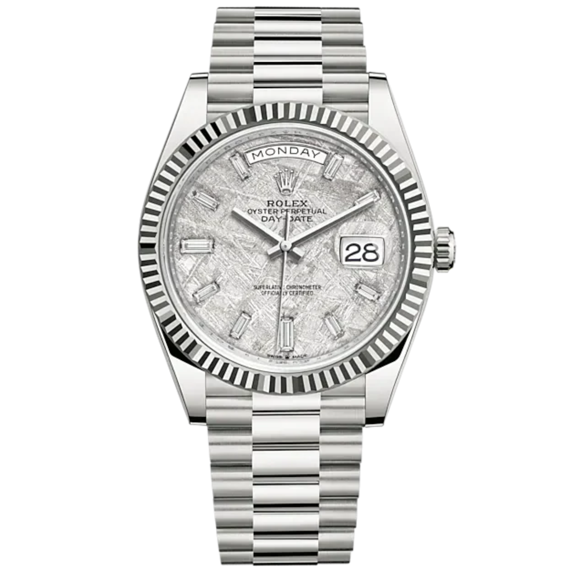 Day-Date 40 40mm President Bracelet and 18 KT White Gold with Meteorite Dial Diamond-Set Dial and Fluted Bezel - Rolex