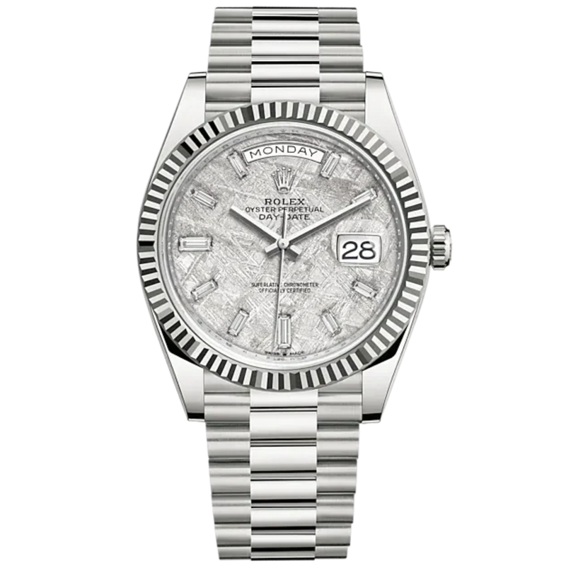 Day-Date 40 40mm President Bracelet and 18 KT White Gold with Meteorite Dial Diamond-Set Dial and Fluted Bezel - Rolex