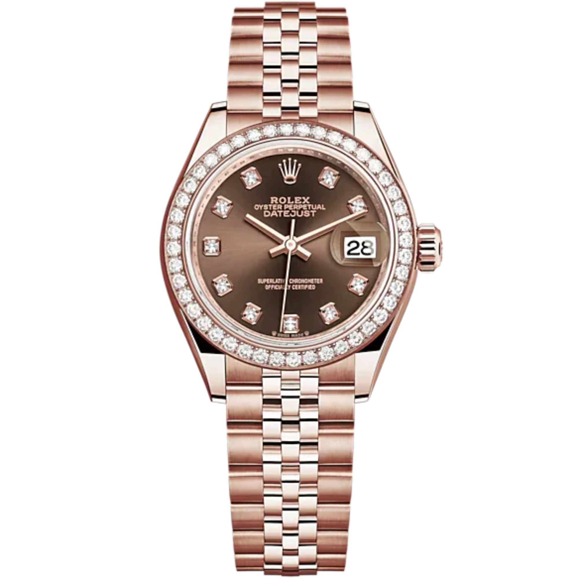 Lady-DateJust 28mm Jubilee Bracelet and 18 KT Everose Gold with Chocolate Dial Diamond-Set Dial and Diamond-Set Bezel - Rolex