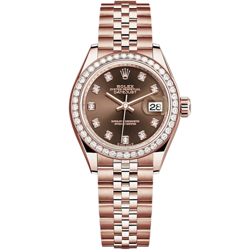 Lady-DateJust 28mm Jubilee Bracelet and 18 KT Everose Gold with Chocolate Dial Diamond-Set Dial and Diamond-Set Bezel - Rolex