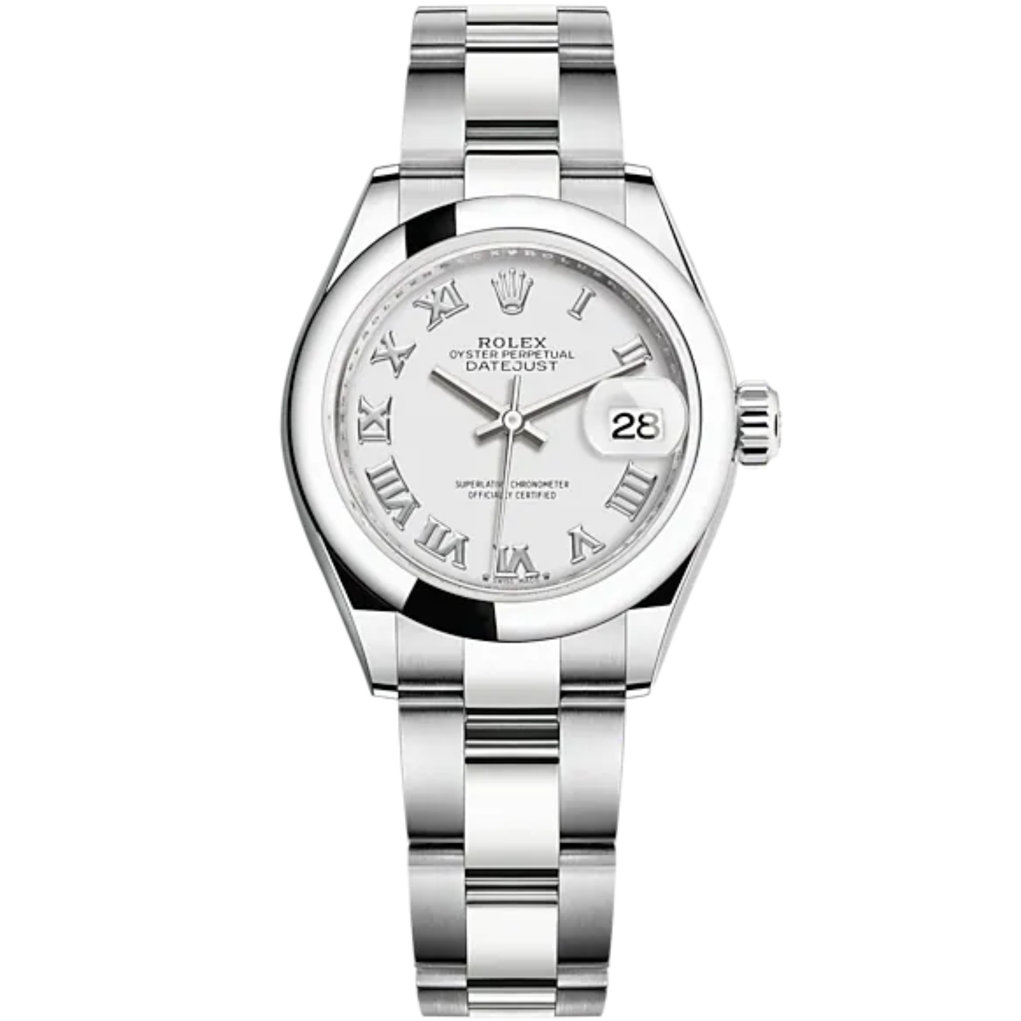 Lady-DateJust 28mm Oyster Oystersteel Bracelet with White Dial and Domed Bezel - Rolex
