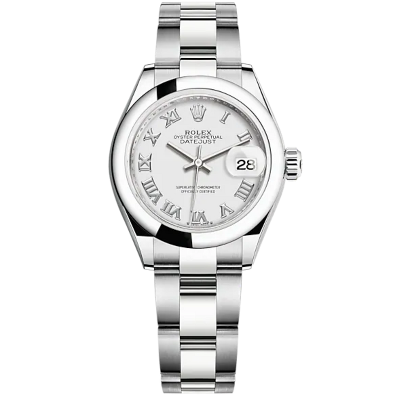 Lady-DateJust 28mm Oyster Oystersteel Bracelet with White Dial and Domed Bezel - Rolex