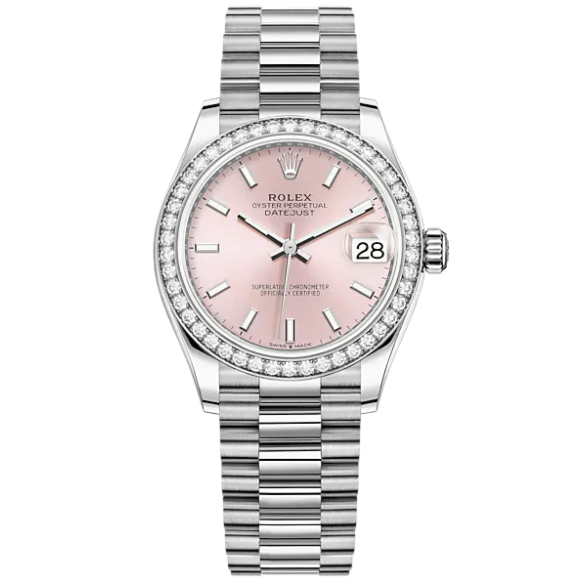 Datejust 31 31mm President Bracelet Oystersteel and White Gold with Pink Dial Diamond-Set Bezel - Rolex