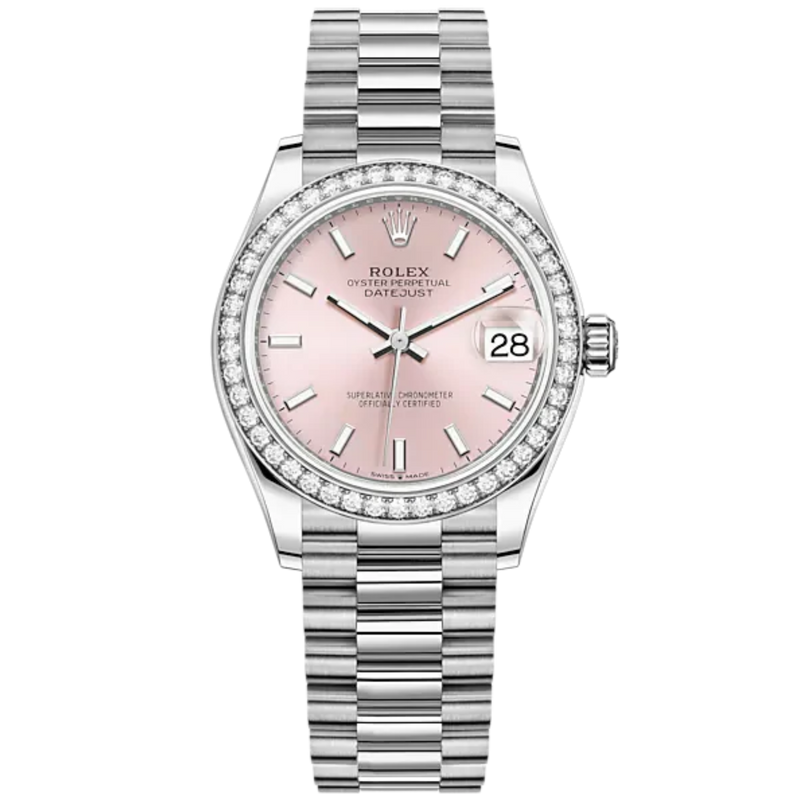 Datejust 31 31mm President Bracelet Oystersteel and White Gold with Pink Dial Diamond-Set Bezel - Rolex