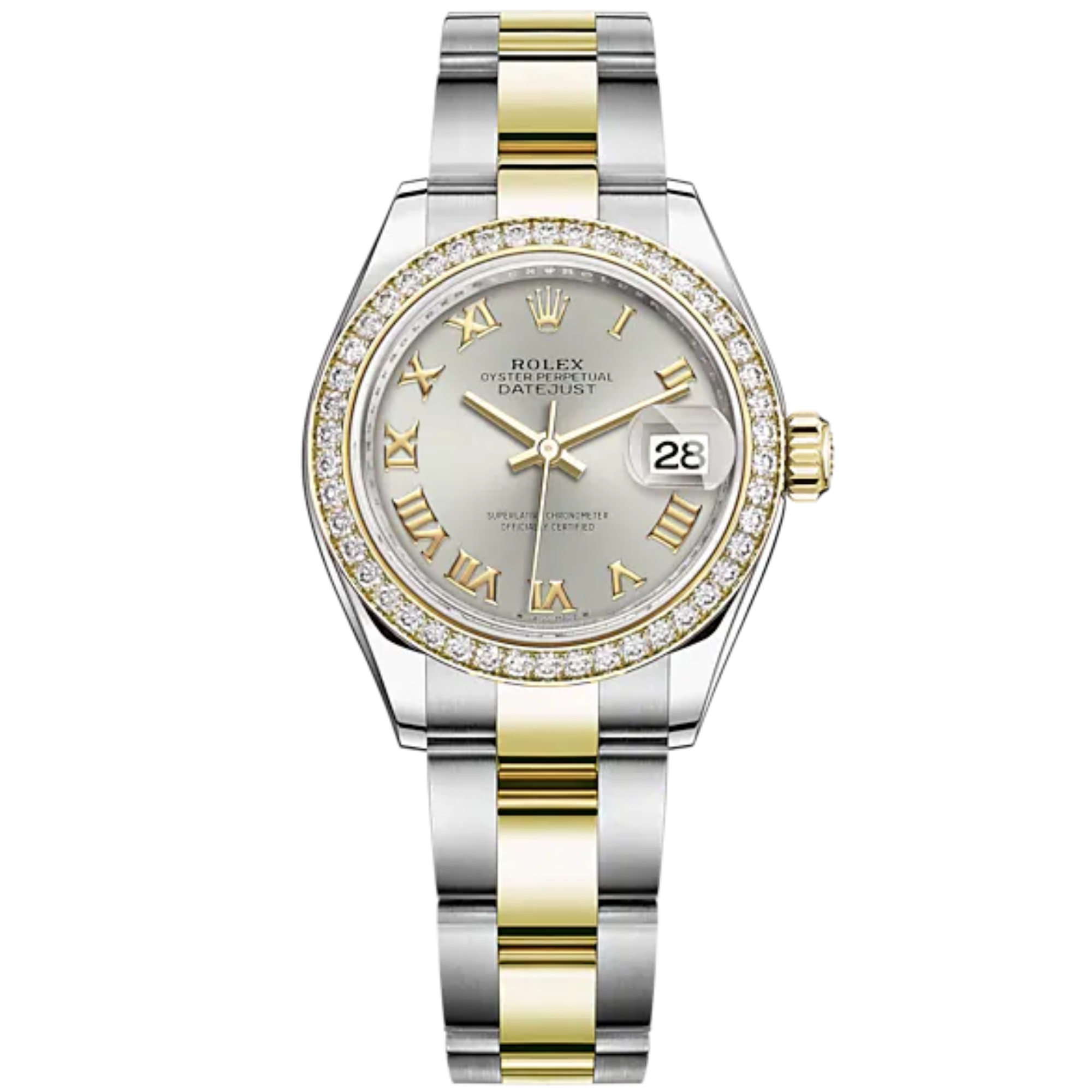 Lady-DateJust 28mm Oyster Oystersteel Bracelet and Yellow Gold with Silver Dial and Diamond-Set Bezel - Rolex