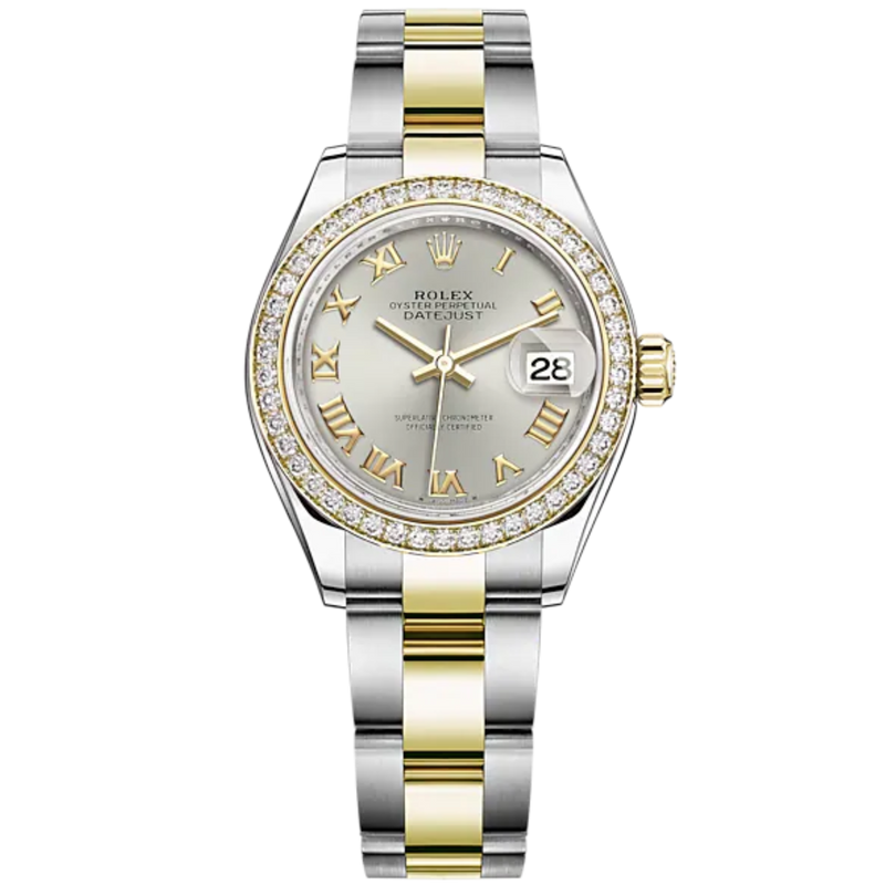 Lady-DateJust 28mm Oyster Oystersteel Bracelet and Yellow Gold with Silver Dial and Diamond-Set Bezel - Rolex
