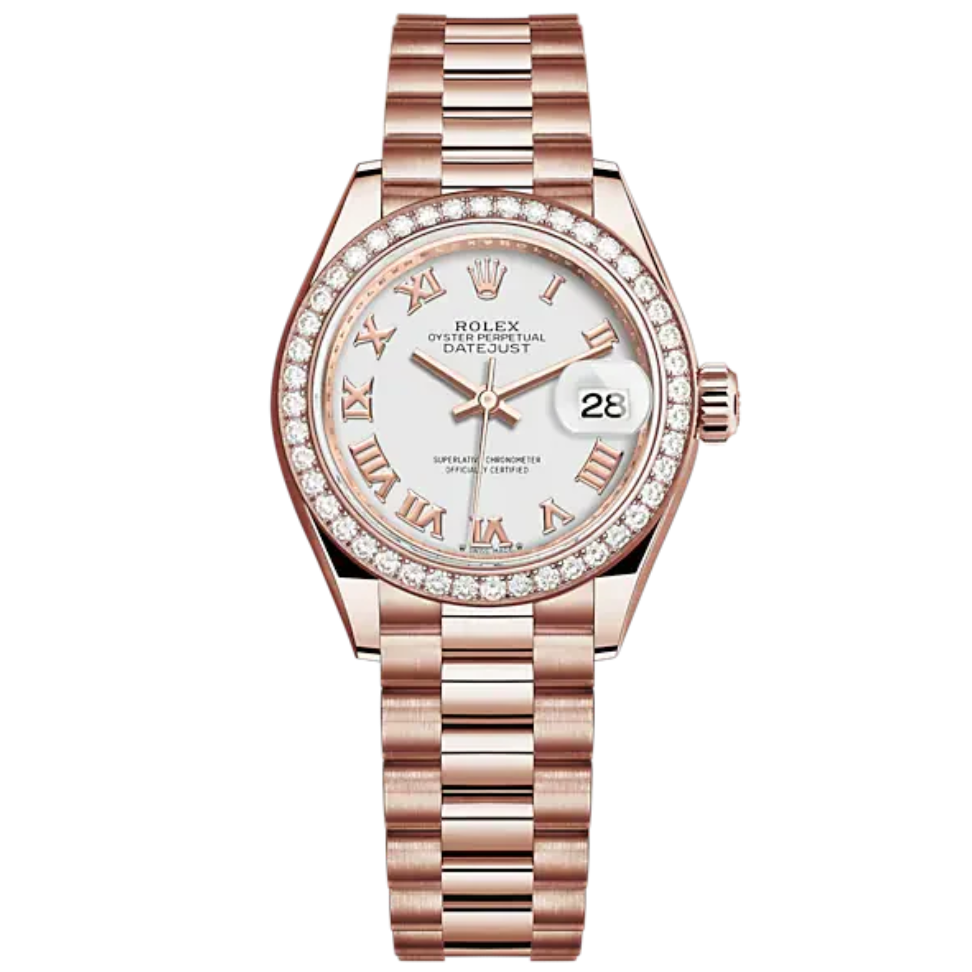 Lady-DateJust 28mm President Bracelet and 18 KT Everose Gold with White Dial and Diamond-Set Bezel - Rolex