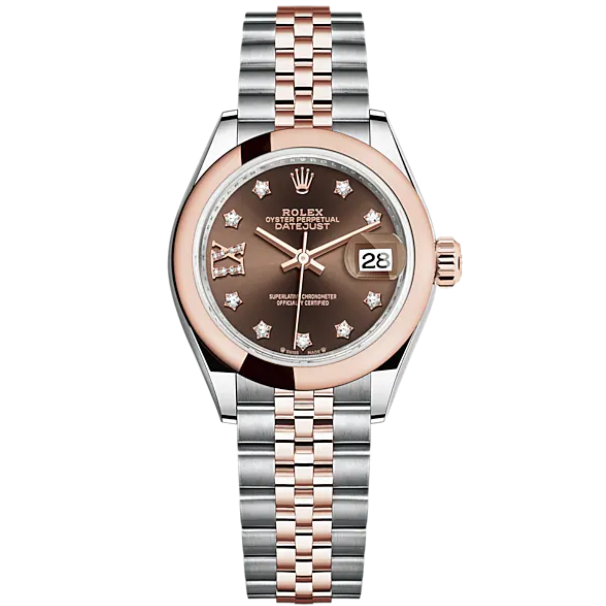 Lady-DateJust 28mm Oystersteel Jubilee Bracelet and Everose Gold with Chocolate Dial Diamond-Set Dial and Domed Bezel - Rolex