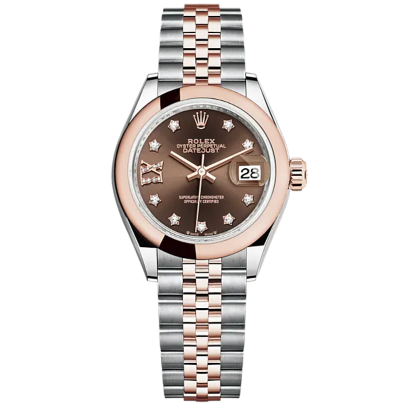 Lady-DateJust 28mm Oystersteel Jubilee Bracelet and Everose Gold with Chocolate Dial Diamond-Set Dial and Domed Bezel - Rolex
