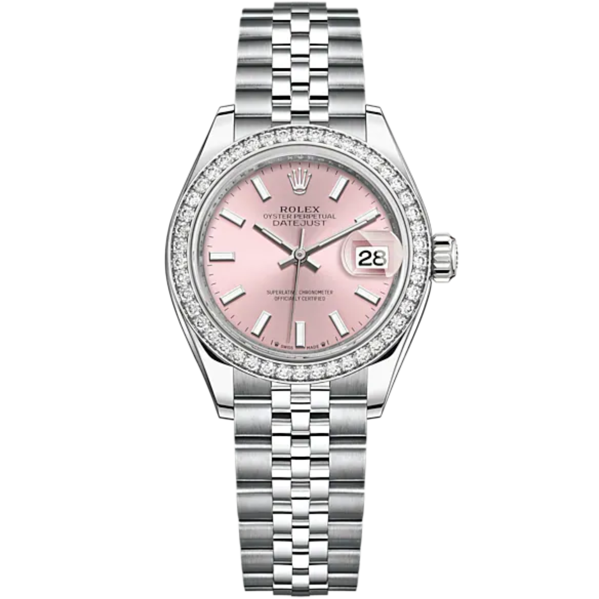 Lady-DateJust 28mm Oystersteel Jubilee Bracelet and White Gold with Pink Dial and Diamond-Set Bezel - Rolex