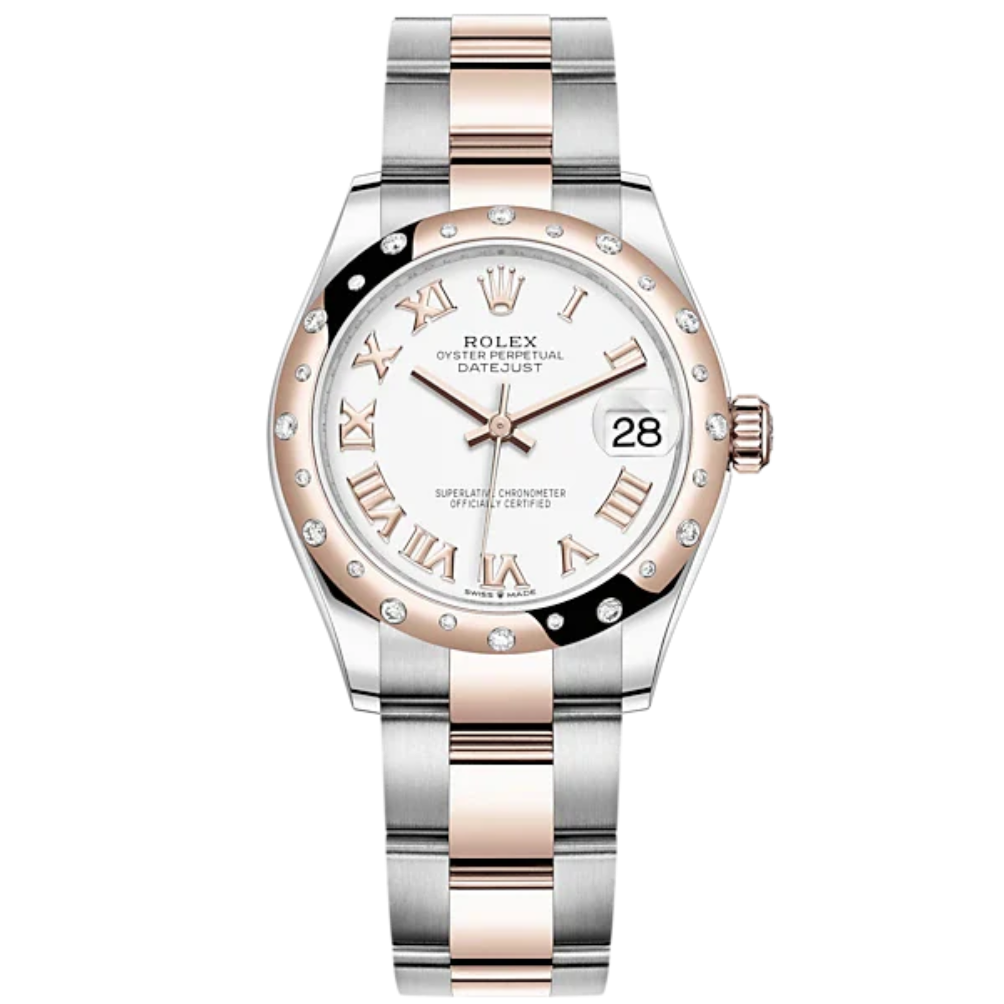 Datejust 31 31mm Oyster Bracelet Oystersteel and Everose Gold with White Dial Diamond-Set Bezel - Rolex
