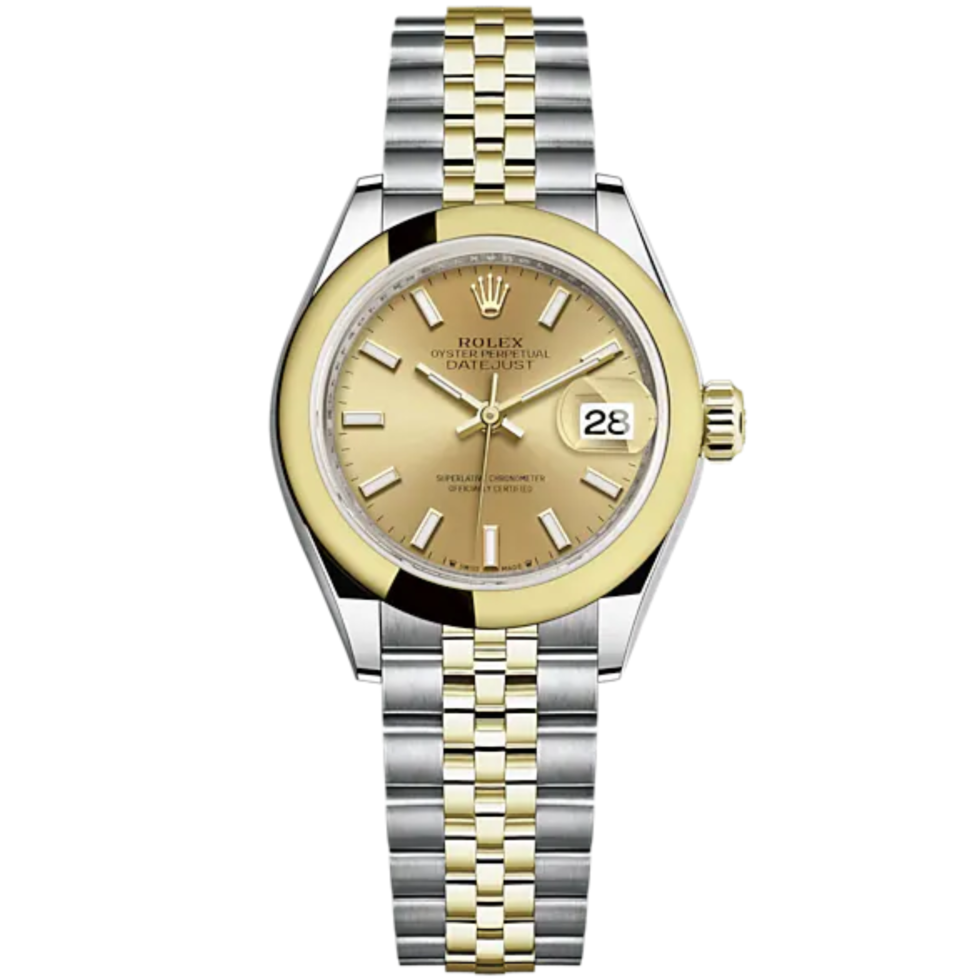 Lady-DateJust 28mm Oystersteel Jubilee Bracelet and Yellow Gold with Champagne-Colour Dial and Domed Bezel - Rolex