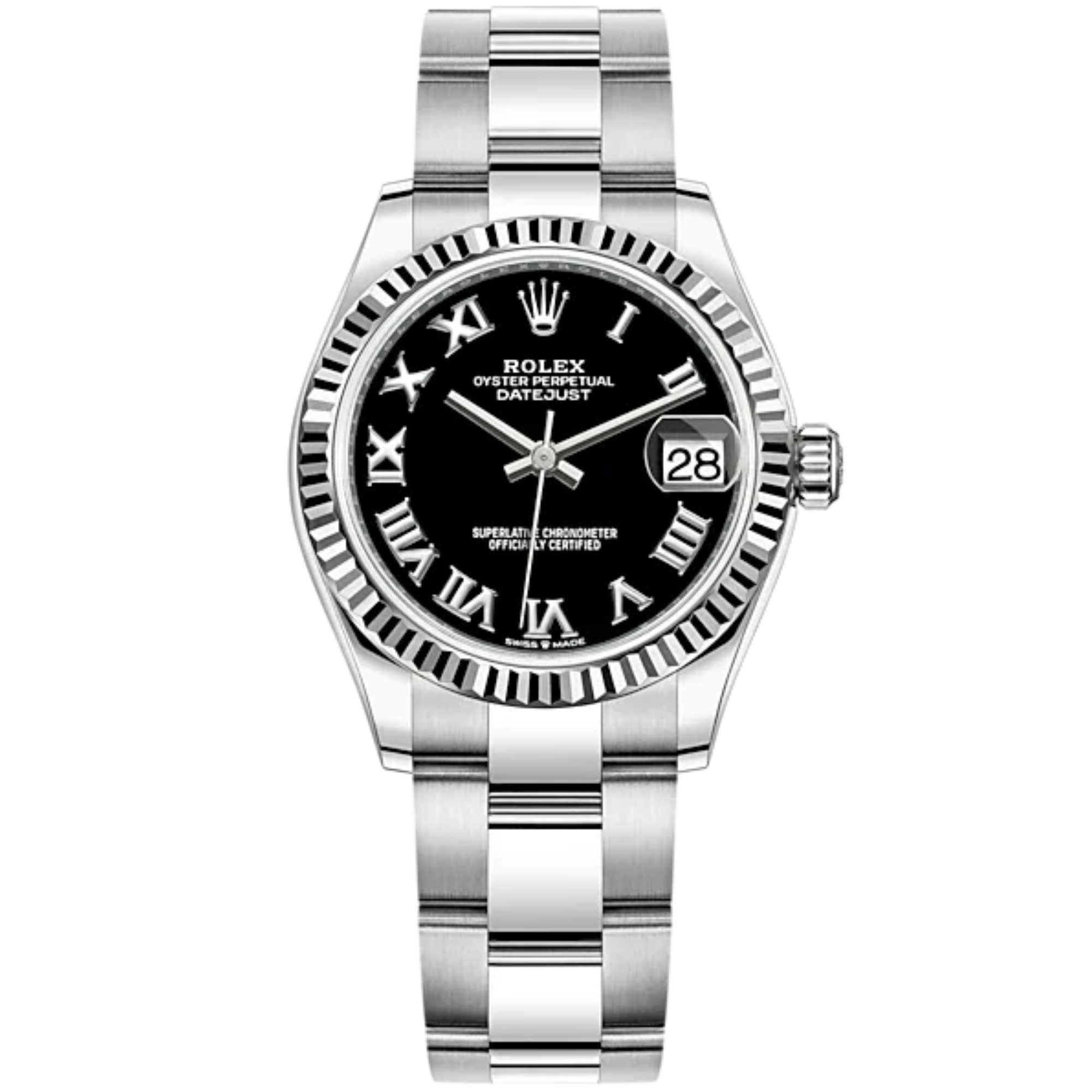 Datejust 31 31mm Oyster Bracelet Oystersteel and White Gold with Bright Black Dial Fluted Bezel - Rolex
