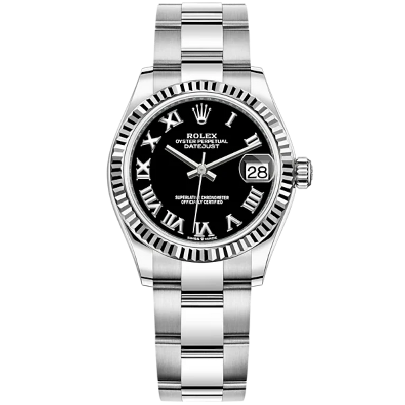 Datejust 31 31mm Oyster Bracelet Oystersteel and White Gold with Bright Black Dial Fluted Bezel - Rolex