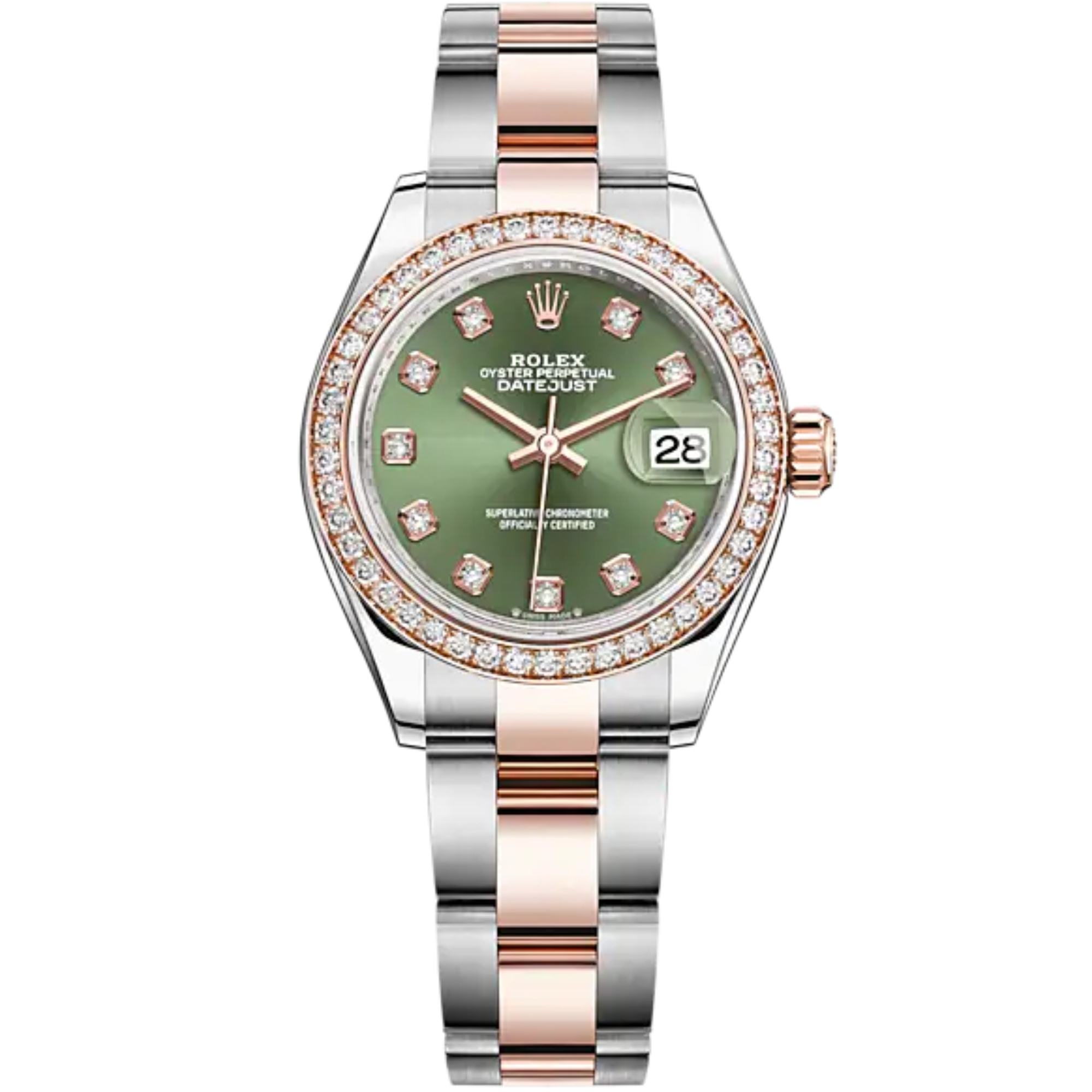 Lady-DateJust 28mm Oyster Oystersteel Bracelet and Everose Gold with Olive-Green Dial Diamond-Set Dial and Diamond-Set Bezel - Rolex