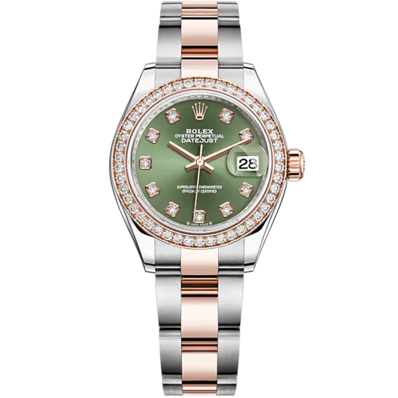Lady-DateJust 28mm Oyster Oystersteel Bracelet and Everose Gold with Olive-Green Dial Diamond-Set Dial and Diamond-Set Bezel - Rolex
