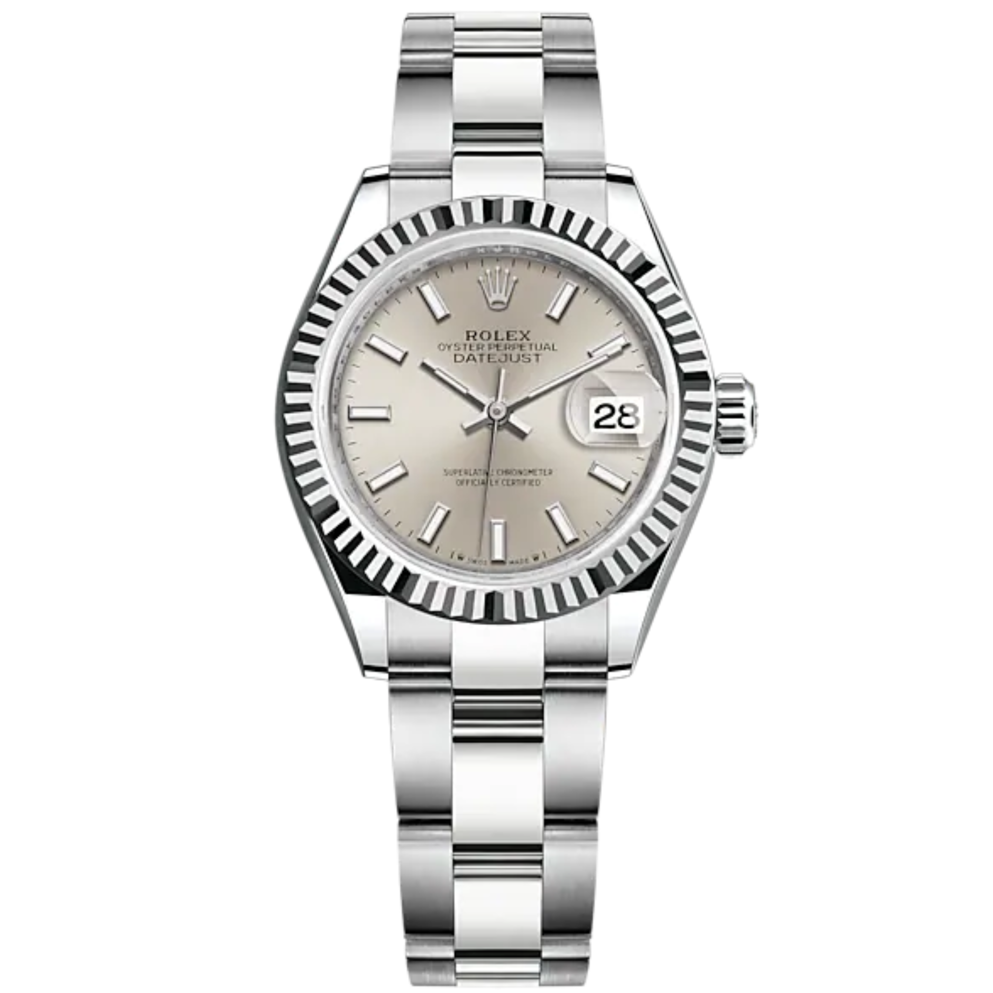 Lady-DateJust 28mm Oyster Oystersteel Bracelet and White Gold with Silver Dial and Fluted Bezel - Rolex
