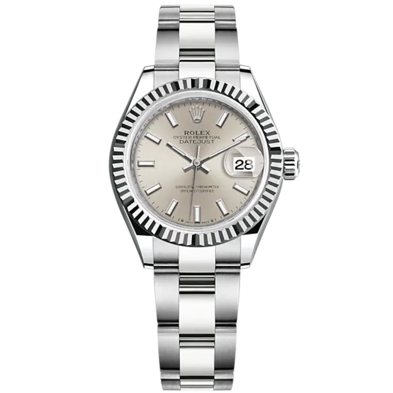 Lady-DateJust 28mm Oyster Oystersteel Bracelet and White Gold with Silver Dial and Fluted Bezel - Rolex