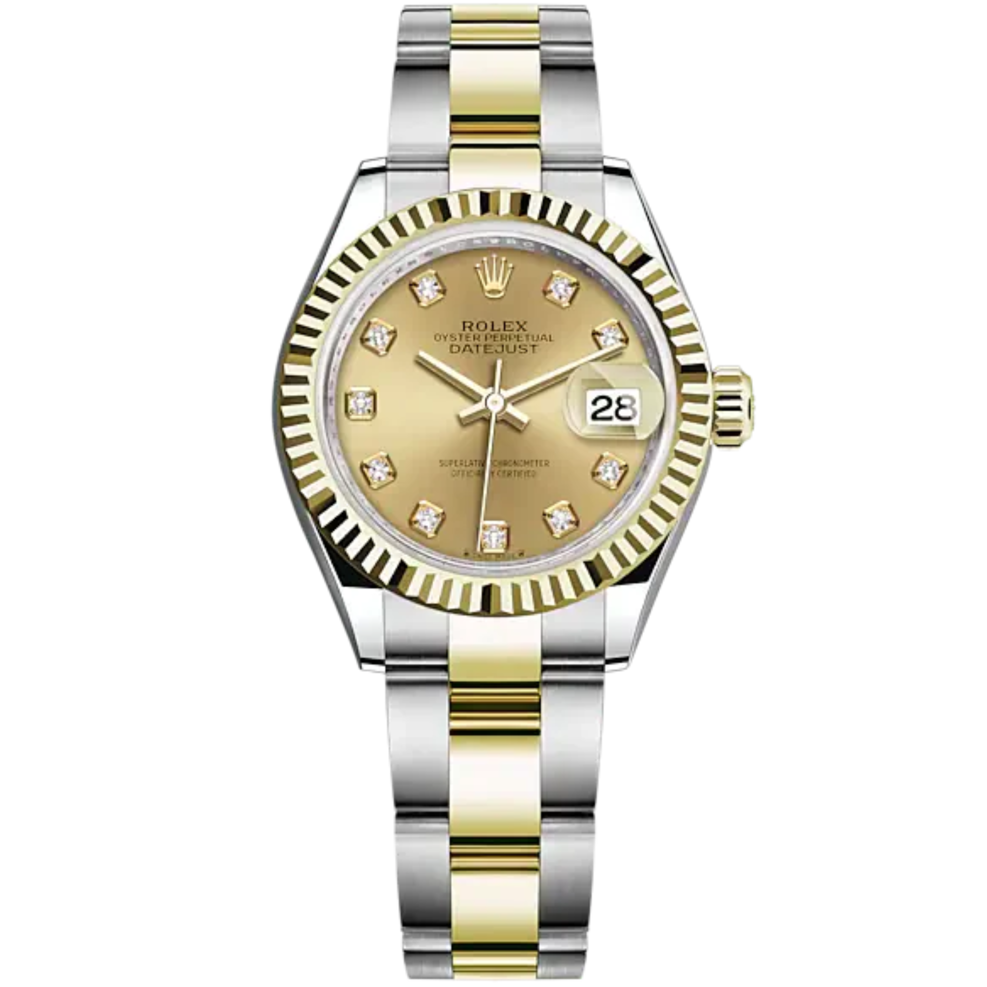 Lady-DateJust 28mm Oyster Oystersteel Bracelet and Yellow Gold with Champagne-Colour Dial Diamond-Set Dial and Fluted Bezel - Rolex