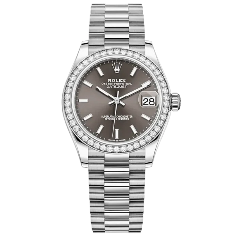 Datejust 31 31mm President Bracelet Oystersteel and White Gold with Dark Grey Dial Diamond-Set Bezel - Rolex