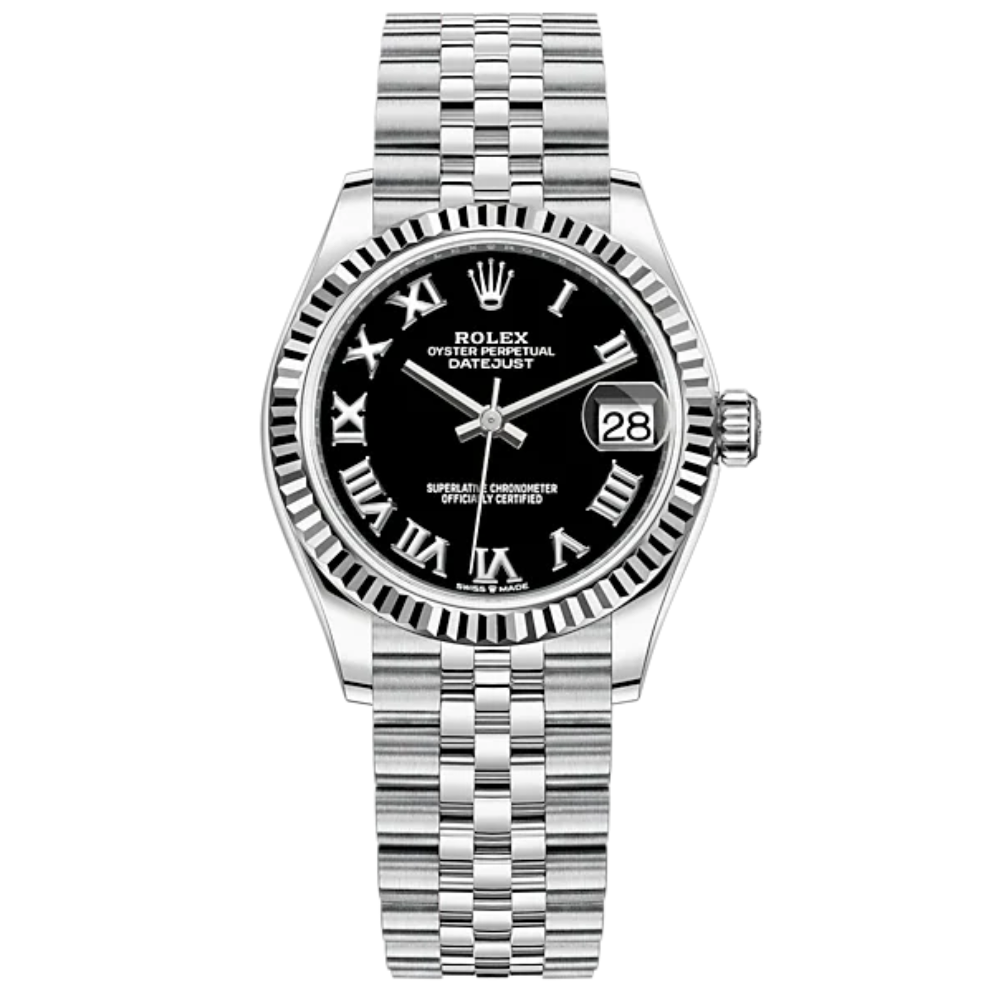 Datejust 31 31mm Jubilee Bracelet Oystersteel and White Gold with Bright Black Dial Fluted Bezel - Rolex