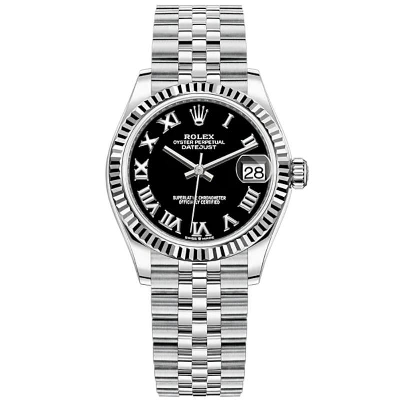 Datejust 31 31mm Jubilee Bracelet Oystersteel and White Gold with Bright Black Dial Fluted Bezel - Rolex