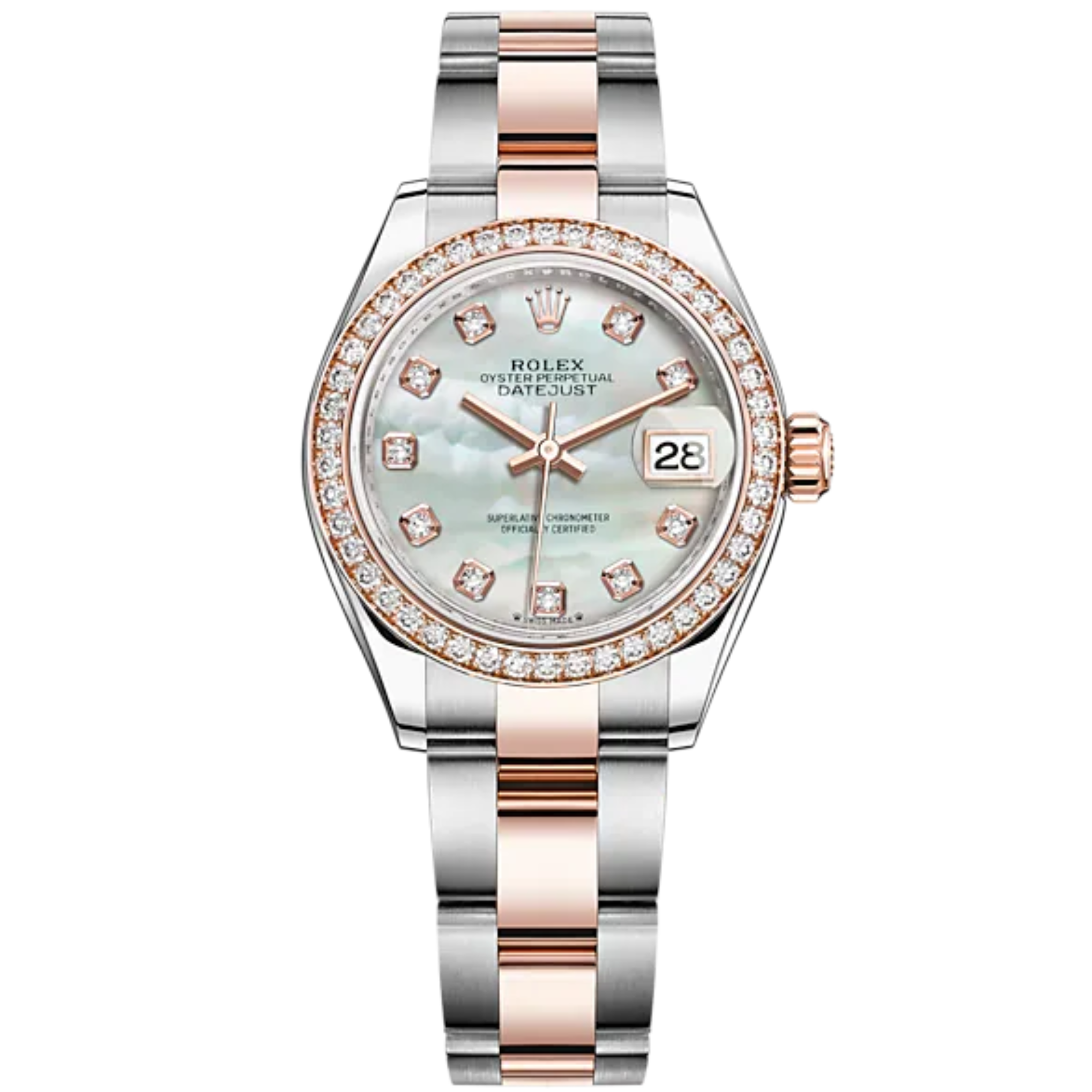 Lady-DateJust 28mm Oyster Oystersteel Bracelet and Everose Gold with White Mother-of-Pearl Dial Diamond-Set Dial and Diamond-Set Bezel - Rolex