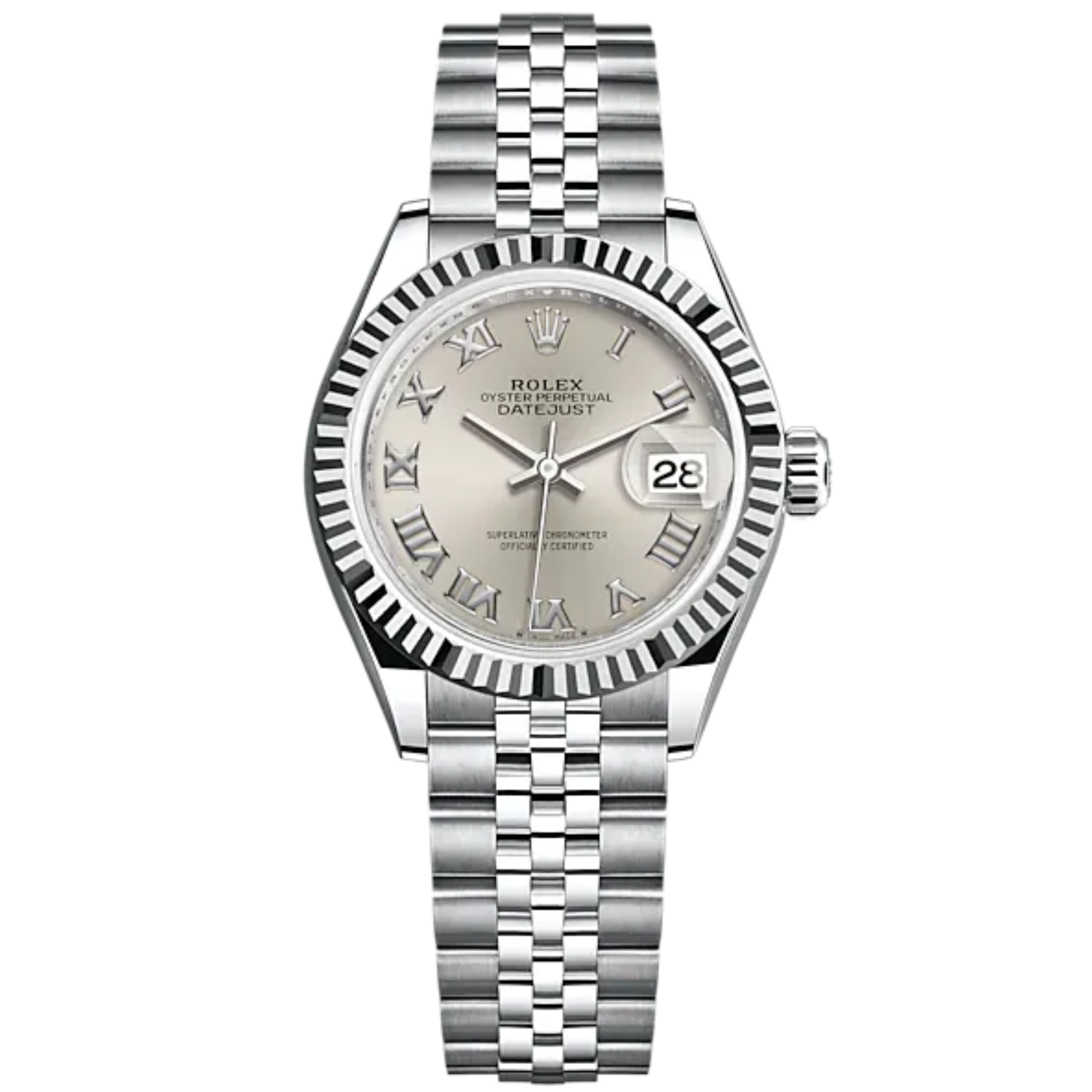 Lady-DateJust 28mm Oystersteel Jubilee Bracelet and White Gold with Silver Dial and Fluted Bezel - Rolex