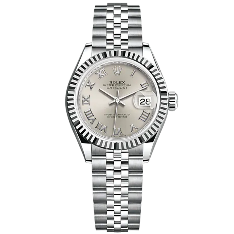 Lady-DateJust 28mm Oystersteel Jubilee Bracelet and White Gold with Silver Dial and Fluted Bezel - Rolex