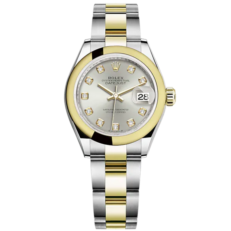 Lady-DateJust 28mm Oyster Oystersteel Bracelet and Yellow Gold with Silver Dial Diamond-Set Dial and Domed Bezel - Rolex