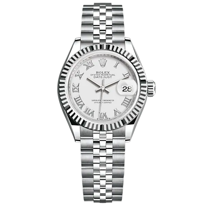 Lady-DateJust 28mm Oystersteel Jubilee Bracelet and White Gold with White Dial and Fluted Bezel - Rolex