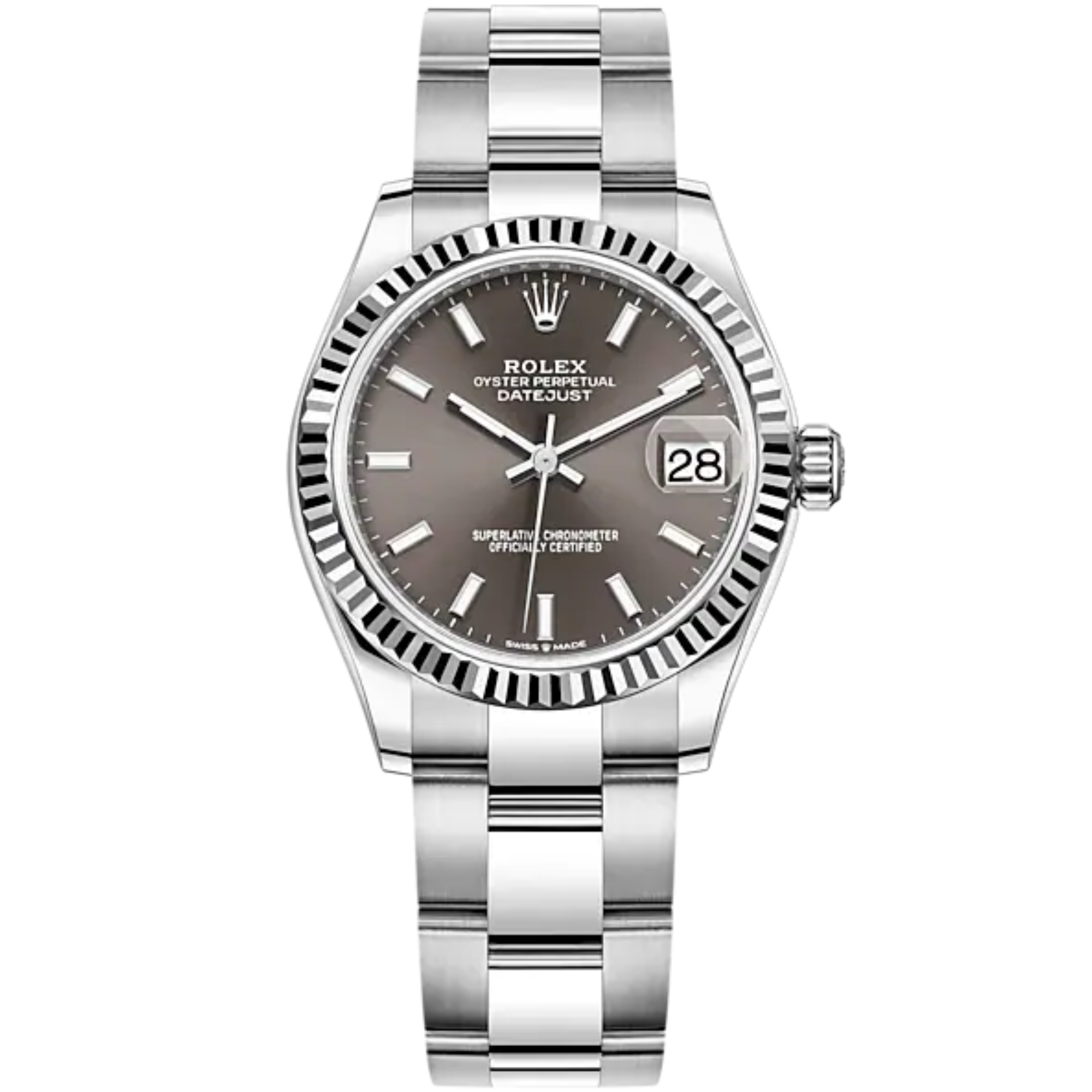 Datejust 31 31mm Oyster Bracelet Oystersteel and White Gold with Grey Dial Fluted Bezel - Rolex