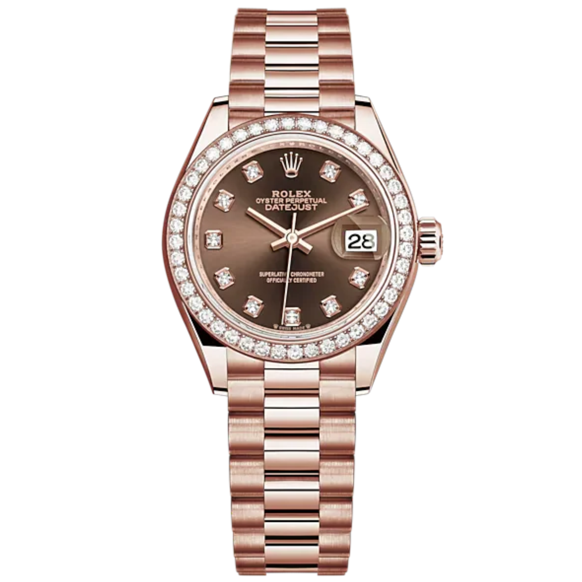 Lady-DateJust 28mm President Bracelet and 18 KT Everose Gold with Chocolate Dial Diamond-Set Dial and Diamond-Set Bezel - Rolex