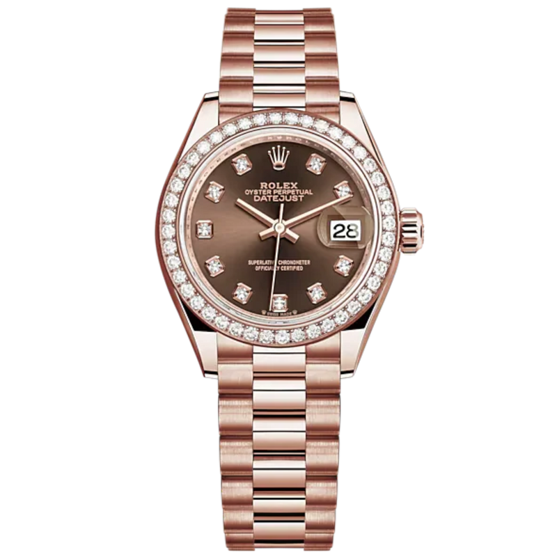 Lady-DateJust 28mm President Bracelet and 18 KT Everose Gold with Chocolate Dial Diamond-Set Dial and Diamond-Set Bezel - Rolex