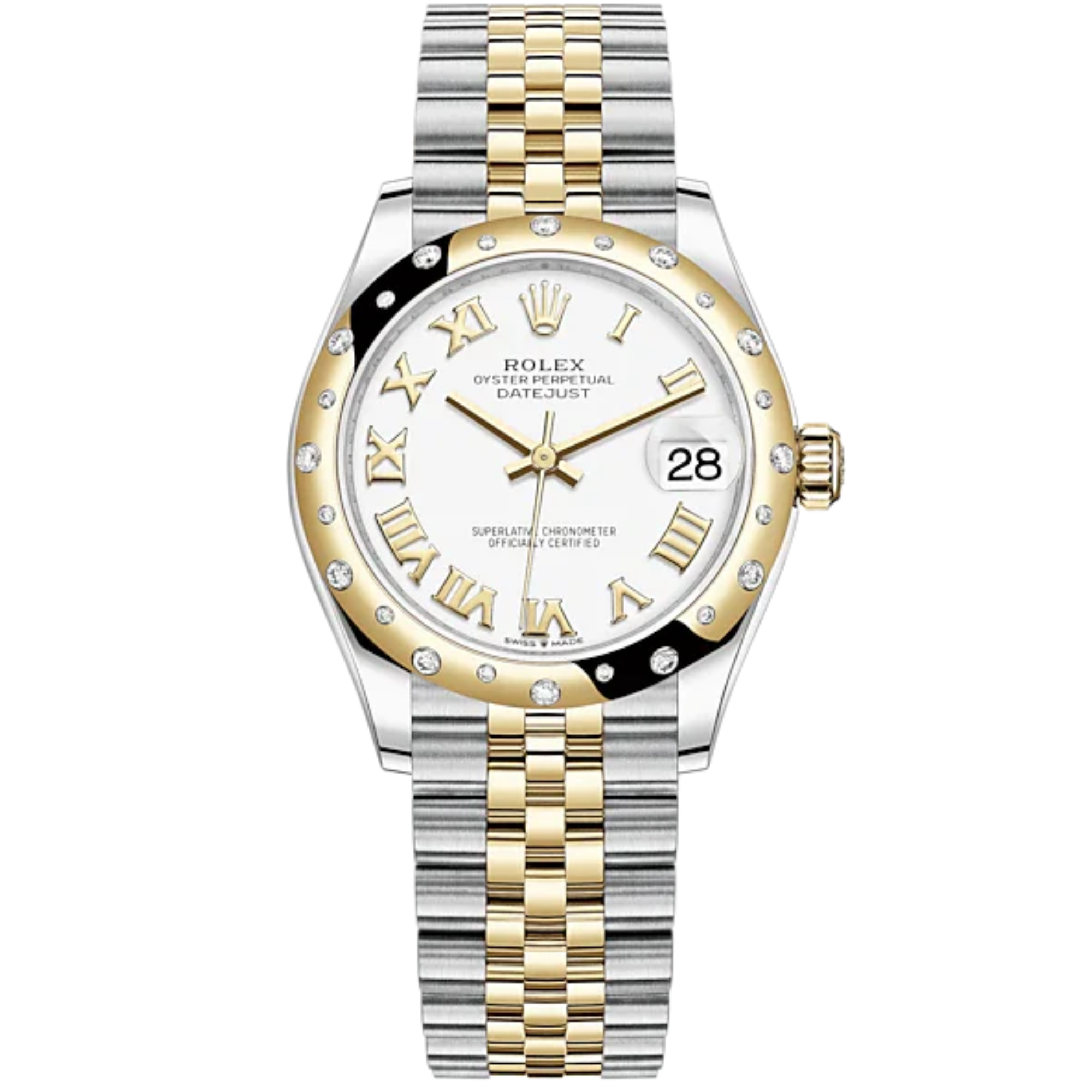 Lady-DateJust 28mm Oystersteel Jubilee Bracelet and Yellow Gold with White Dial Diamond-Set Bezel - Rolex