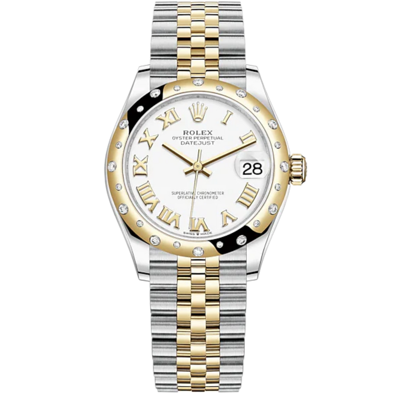Lady-DateJust 28mm Oystersteel Jubilee Bracelet and Yellow Gold with White Dial Diamond-Set Bezel - Rolex