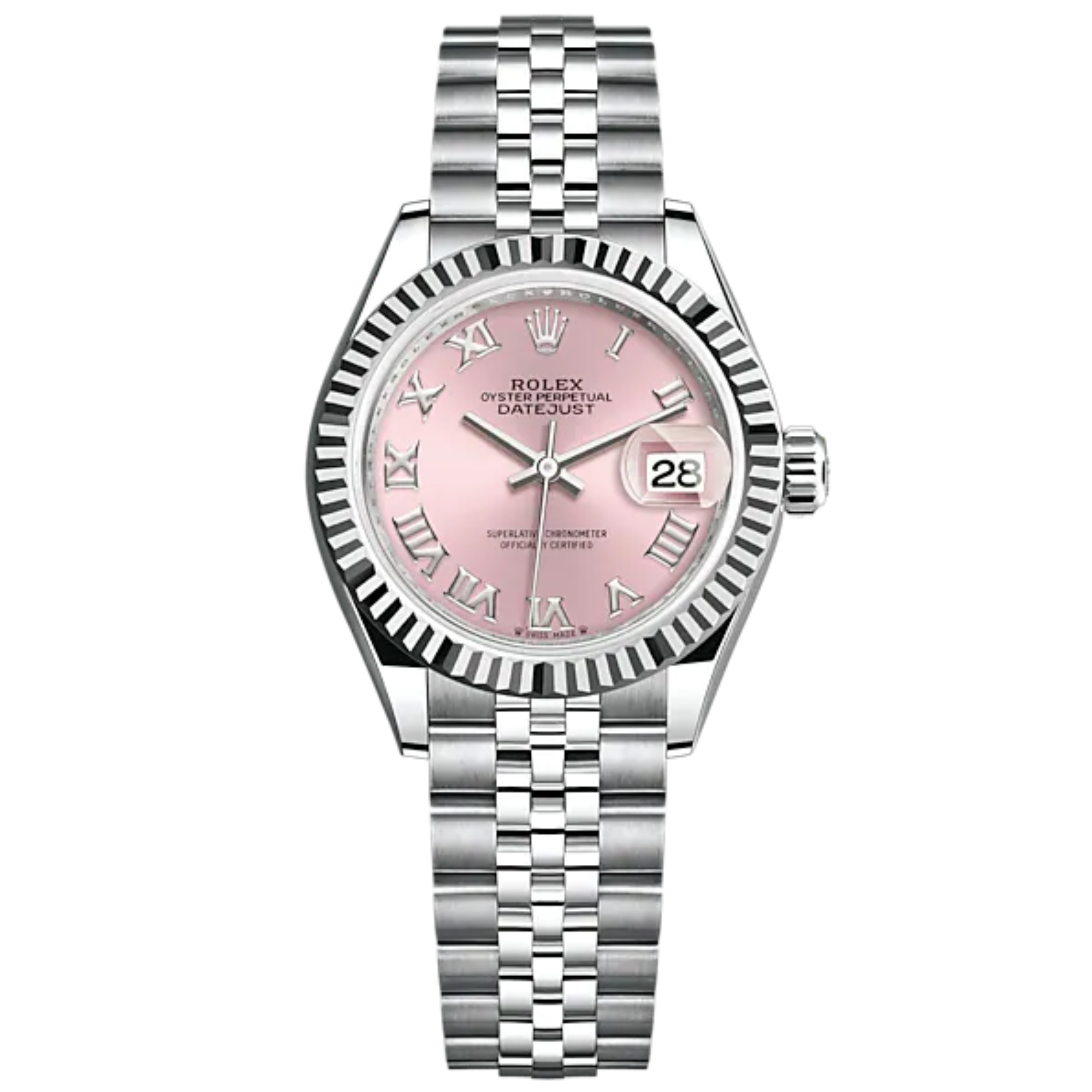 Lady-DateJust 28mm Oystersteel Jubilee Bracelet and White Gold with Pink Dial and Fluted Bezel - Rolex