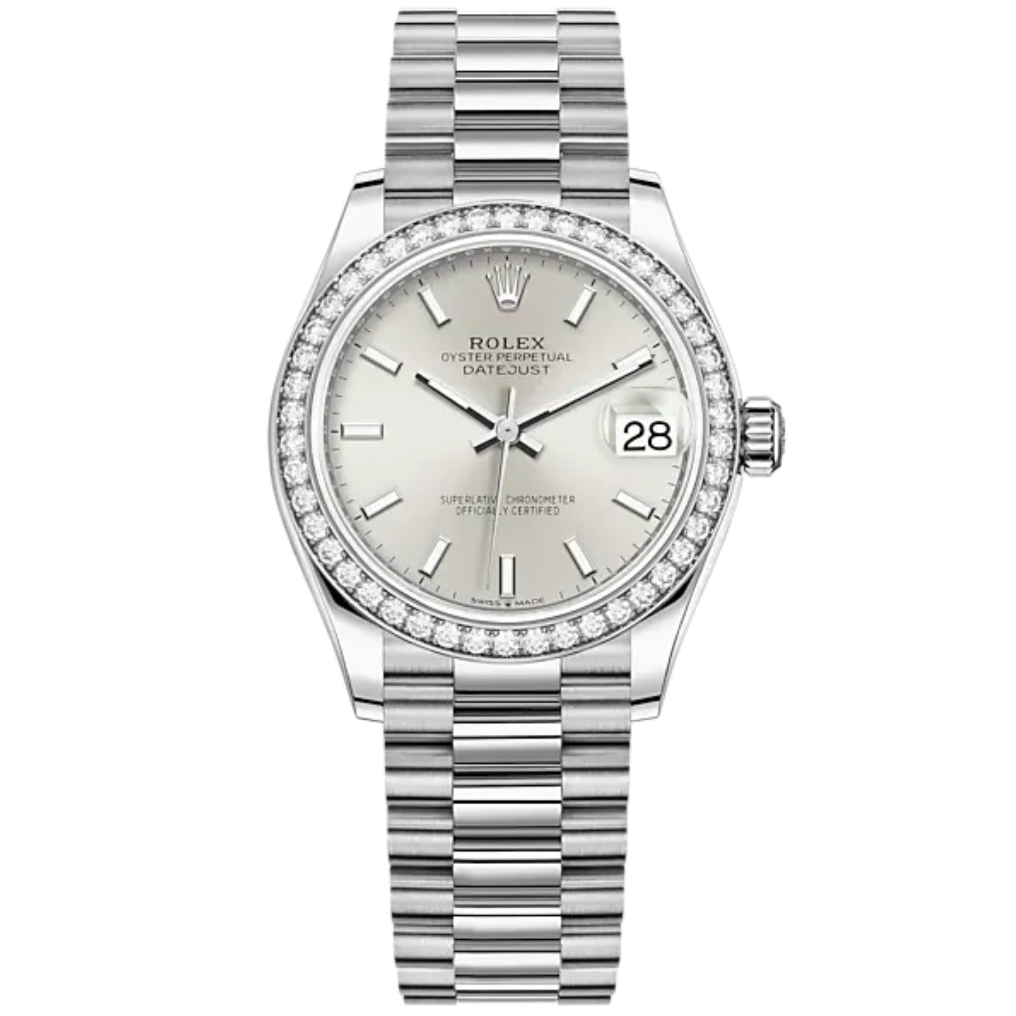 Datejust 31 31mm President Bracelet and White Gold with Silver Dial Diamond-Set Bezel - Rolex