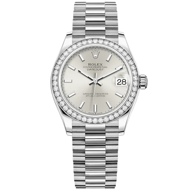 Datejust 31 31mm President Bracelet and White Gold with Silver Dial Diamond-Set Bezel - Rolex