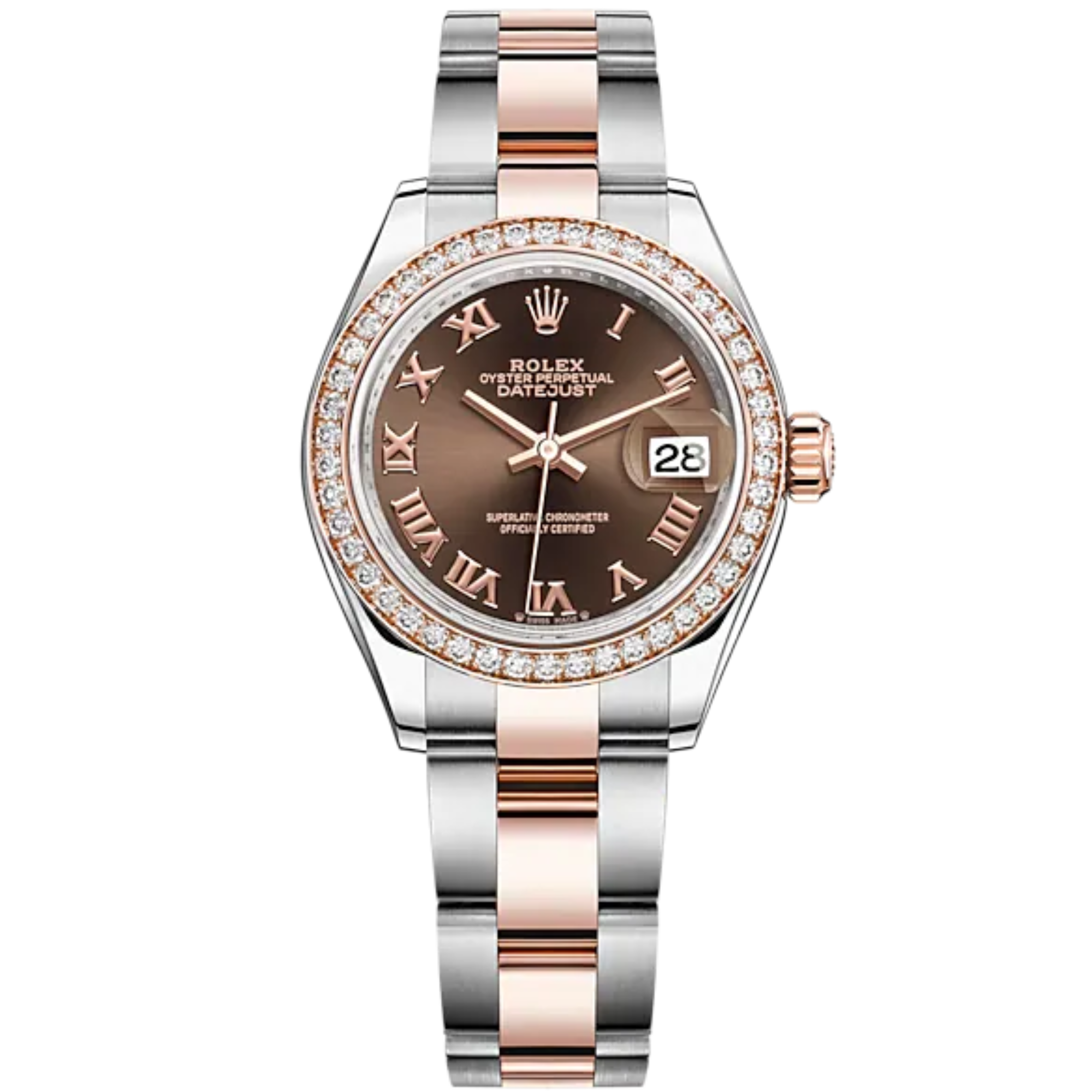 Lady-DateJust 28mm Oyster Oystersteel Bracelet and Everose Gold with Chocolate Dial and Diamond-Set Bezel - Rolex