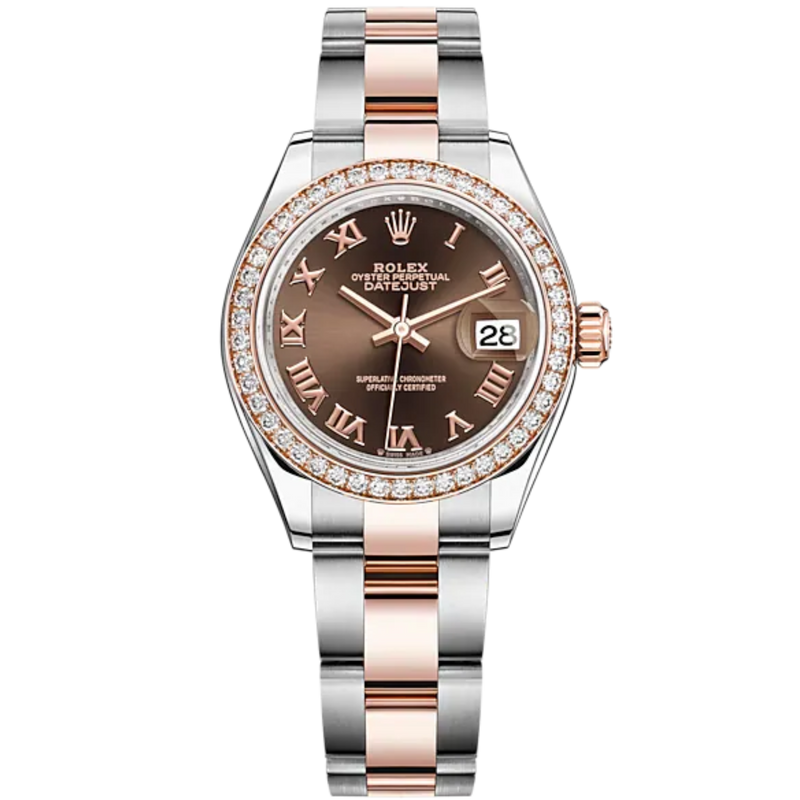 Lady-DateJust 28mm Oyster Oystersteel Bracelet and Everose Gold with Chocolate Dial and Diamond-Set Bezel - Rolex