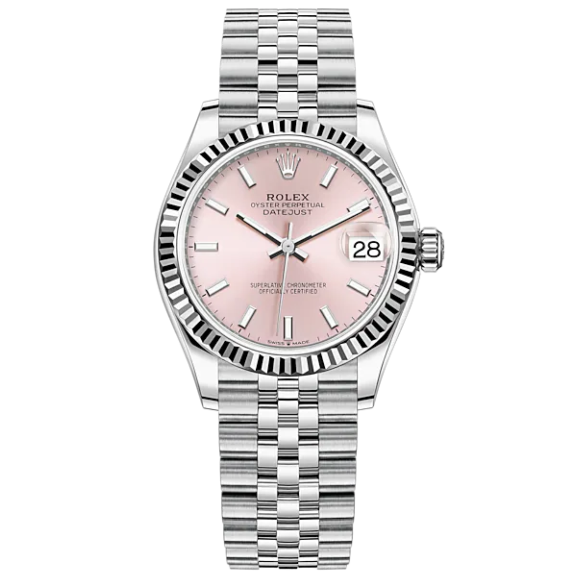 Datejust 31 31mm Jubilee Bracelet Oystersteel and White Gold with Pink Dial Fluted Bezel - Rolex